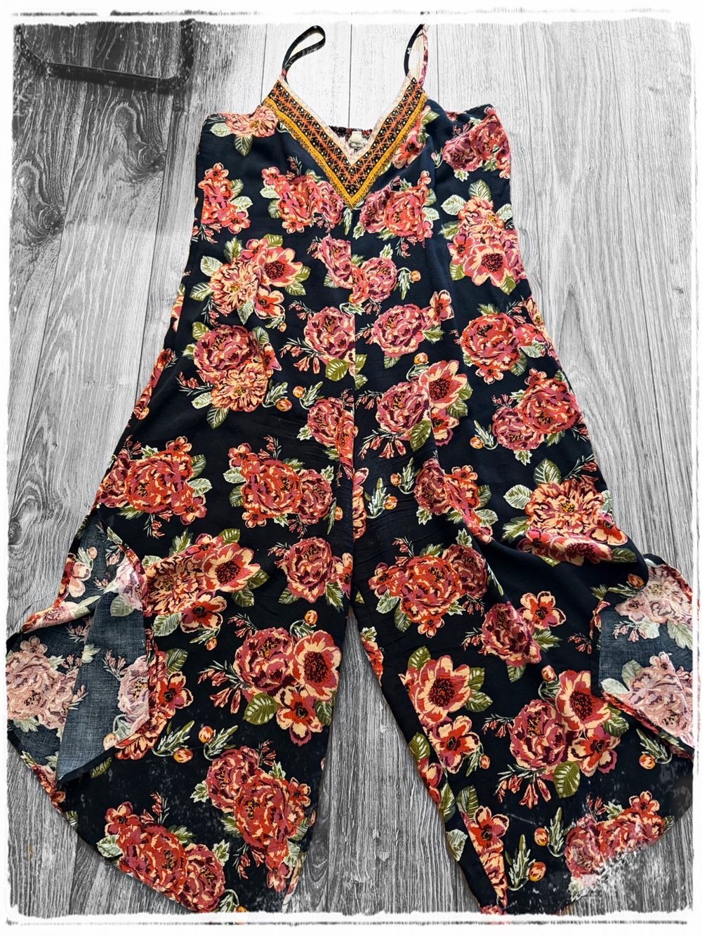 Eyeshadow Black Floral V-Neck Wide-Leg Romper with Embroidered Trim